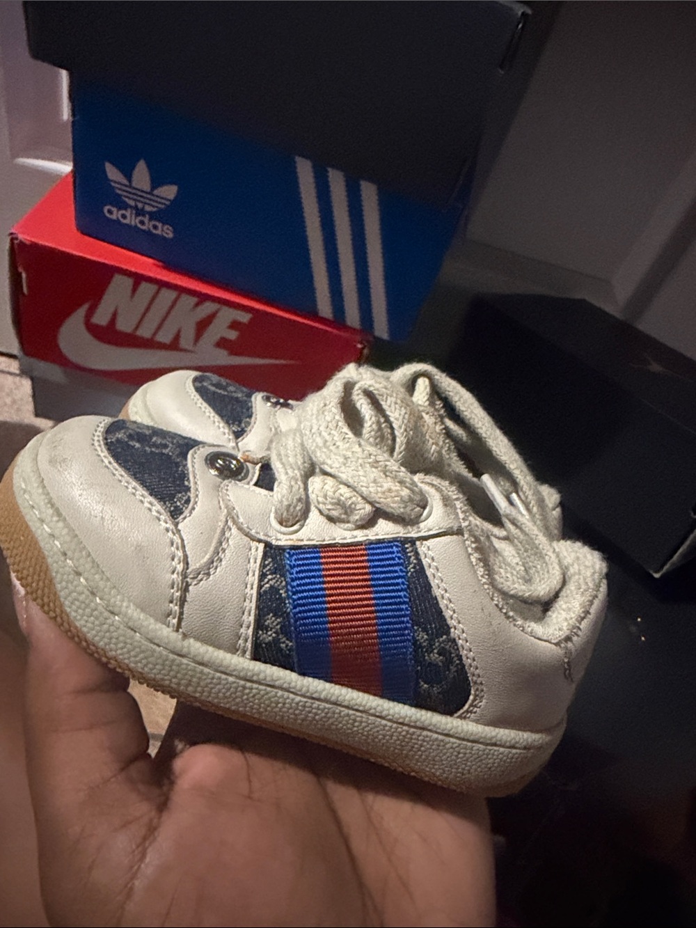 Gucci White Leather Baby Trainer with Blue & Red Web Stripe